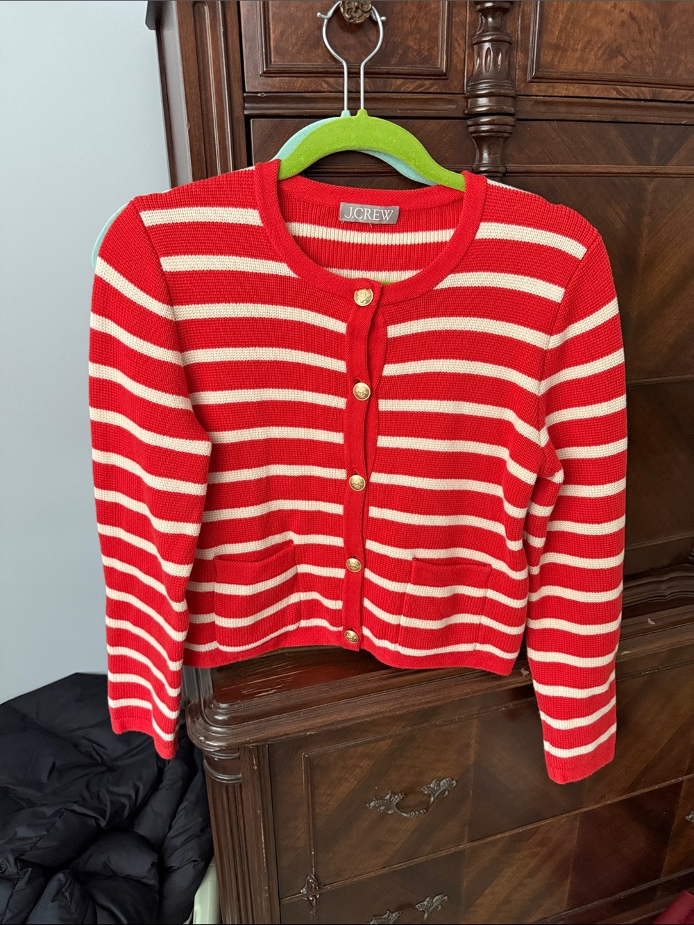 J. Crew Red and Cream Striped Button Cardigan
